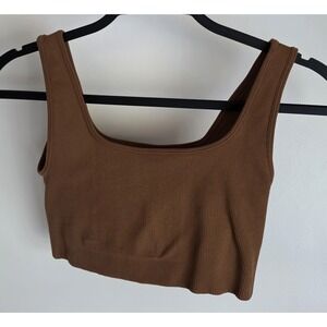 SET Brown Ribbed Crop Top Sleeveless Scoop Neck Women Athleisure Tank